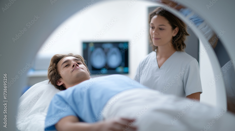 Fototapeta premium Male patient entering CT scanner, medical staff monitoring diagnostic process, modern healthcare technology CT scanner, patient exam, diagnostic monitoring, medical staff, healthca