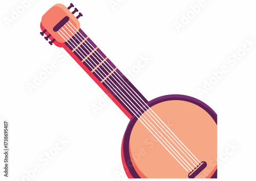 Flat design illustration of a mandolin with a peach and purple color scheme against a white background.