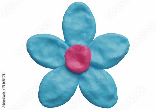 A close-up view of a blue and pink clay flower.