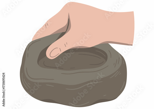 A hand pressing into a lump of clay on a white background.