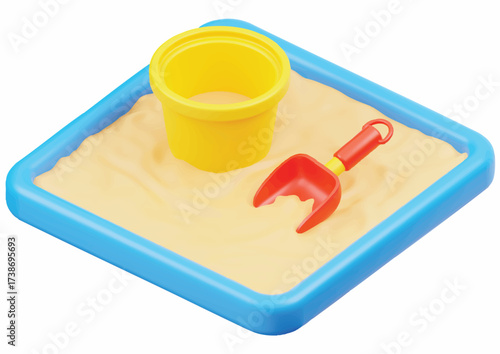 A small, blue-rimmed sandbox filled with sand, featuring a yellow bucket and a red shovel.