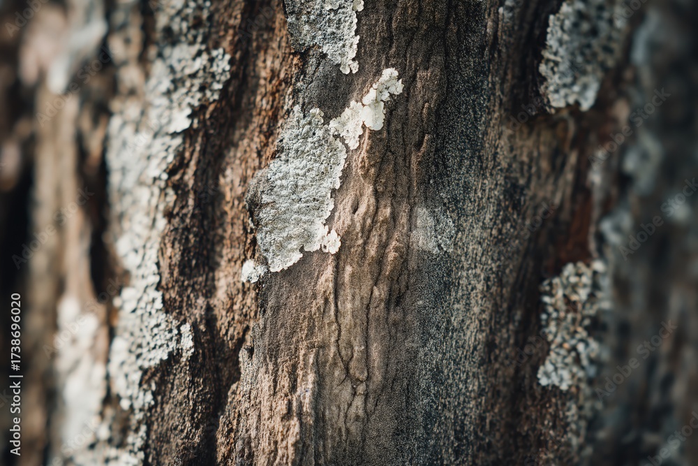 Fototapeta premium Close-up of a tree bark texture, showcasing intricate patterns and lichen growth, highlighting the natural beauty and complexity of wood.