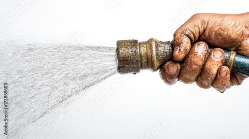Work-worn hand gripping brass hose nozzle, releasing forceful water stream on white.