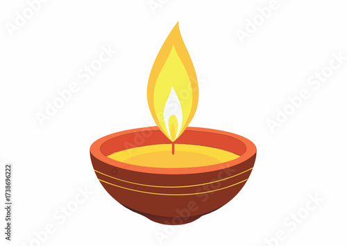 An illustration of a traditional Diwali oil lamp, with a bright flame, in a brown bowl.
