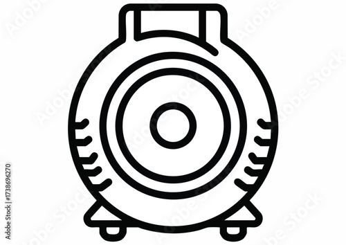 A black and white illustration of a circular speaker with a handle.