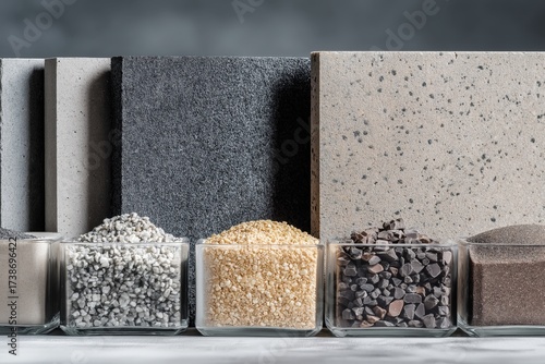 A collection of various textured materials in glass containers, showcasing different shades of sand, gravel, and aggregates against a neutral background.