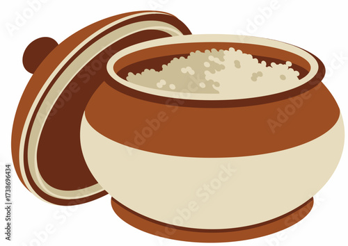A ceramic bowl with a lid, filled with white, granular substance.