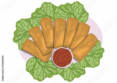 A top-down view of spring rolls with dipping sauce and lettuce.