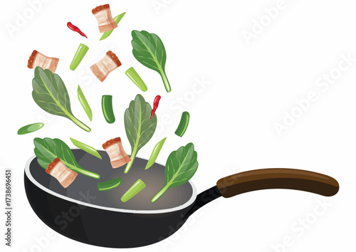 Vegetables and pork being tossed in a wok, cooking ingredients in motion.