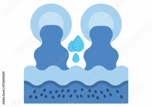 Two stylized blue water sources pouring into a lower basin, with droplets.