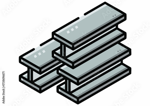 Stacked steel I-beams are shown in a vector illustration, arranged in an isometric perspective.