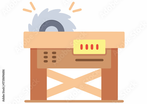 Illustration of a cartoon-style circular saw machine, ready for use.