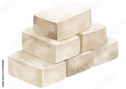 Stack of six rectangular tofu blocks, arranged in a pyramid shape, against a white background.