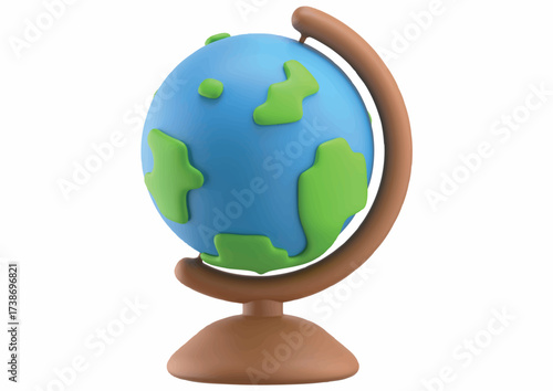 Cartoon globe with blue oceans and green continents, resting on a brown stand.