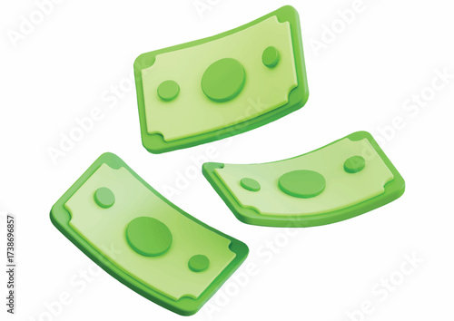 Three cartoon green banknotes, each with a central circle and two smaller circles, floating against a white background.