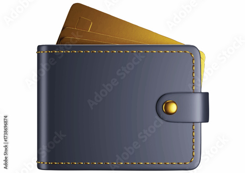 A close-up view of a dark blue wallet with a gold credit card partially inserted.