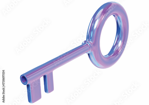 Antique key with a smooth, reflective surface, casting subtle purple and blue hues, isolated on a white background