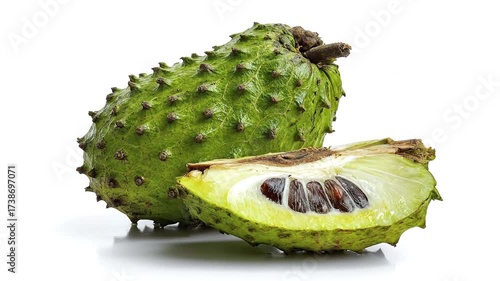 This studio-quality video features a vibrant, spiky green tropical fruit, commonly known as soursop or graviola, presented beautifully on a clean white background. A whole fruit sits beside a perfectl