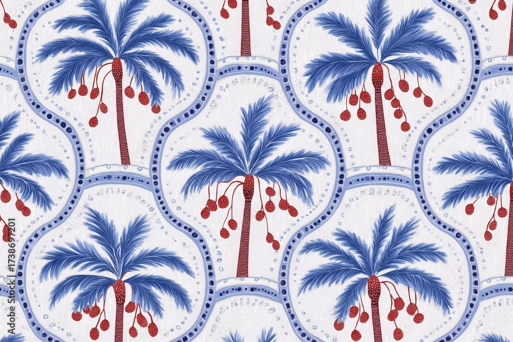 Obraz premium A vibrant fabric pattern featuring blue palm trees with red dates on a white background, creating a tropical and lively aesthetic.