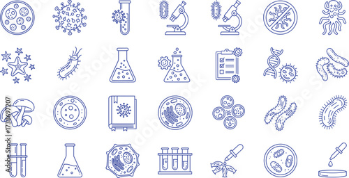 Collection of stylized microbiology icons representing various microorganisms and lab equipment