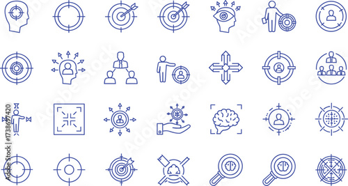 Business goals and targets icons set representing strategy, focus, achievement, and success in a professional context, with diverse representations of objectives and planning