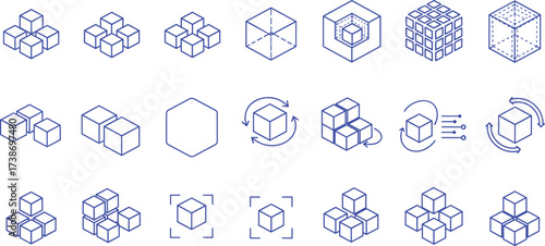 Abstract Isometric Cubes and Blocks Vector Icon Set Modern Geometric Elements for Digital Design, Construction, and Structural Concepts with Assembly and Rotation