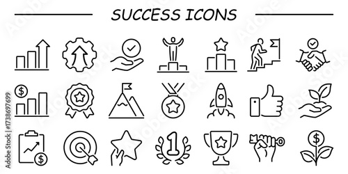 Success icon set. Successful business development, plan and process symbol. Solid icons vector collection.