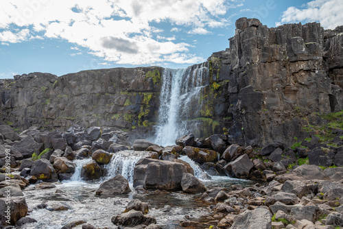 Beautiful nature of Oxararfoss in Thingvellir national park in Iceland