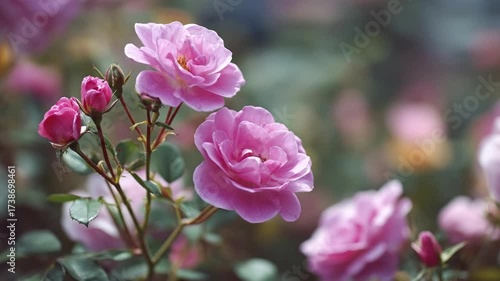 This video captures the exquisite beauty of blooming pink roses in a garden setting, with soft natural light illuminating their delicate petals. The vibrant pink hues stand out against a beautifully b