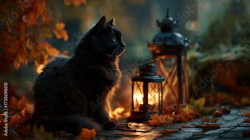 Cat with Lantern in Autumn Scene – Magical Companion for Halloween or Fall Promotions