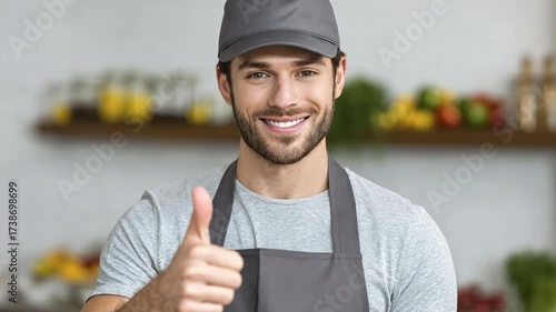This video features a friendly, handsome young man with a beard, wearing a smart casual grey uniform, including a cap and an apron, as he smiles genuinely at the camera while confidently giving a thum