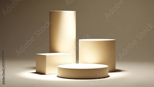 This video features a sophisticated and minimalist studio setup showcasing various geometric display platforms. Soft, ambient lighting highlights the smooth, neutral-toned surfaces of a tall cylinder,