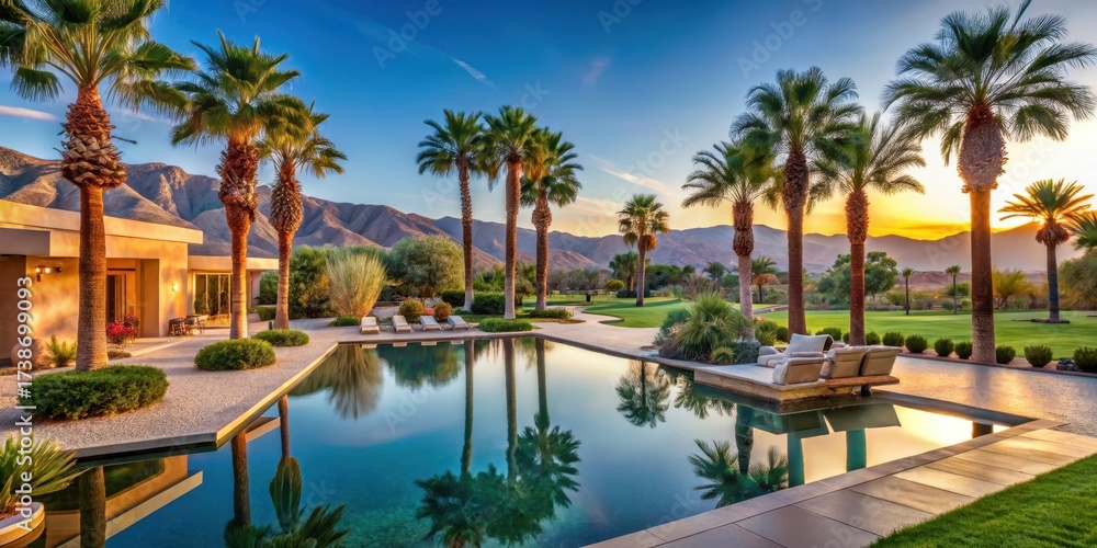 Fototapeta premium Serene Luxury Oasis with Arid Desert Landscape and Palm Trees , upscale living