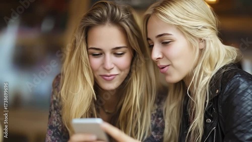 Two cheerful young women with blonde hair are seen together, sharing a joyful moment as they scroll through content on a smartphone. Their genuine smiles and happy expressions convey a strong sense of
