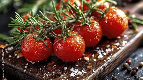 Vibrant, dewy cherry tomatoes on the vine are beautifully presented alongside fragrant rosemary sprigs on a rustic dark wooden cutting board. Sparkling water droplets glisten on the ripe red fruit and