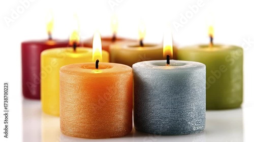 Vibrant, textured pillar candles in varied colors (orange, blue-grey, red, yellow, green) emit soft, flickering flames. Against a crisp white background, this peaceful, comforting display suits relaxa