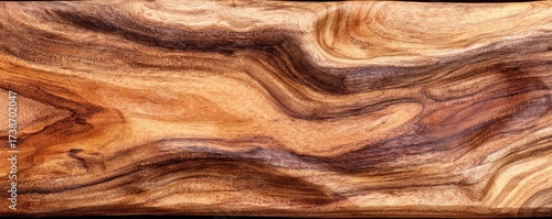 Close-up of rich, natural wood grain, with swirling patterns in tones of brown and beige