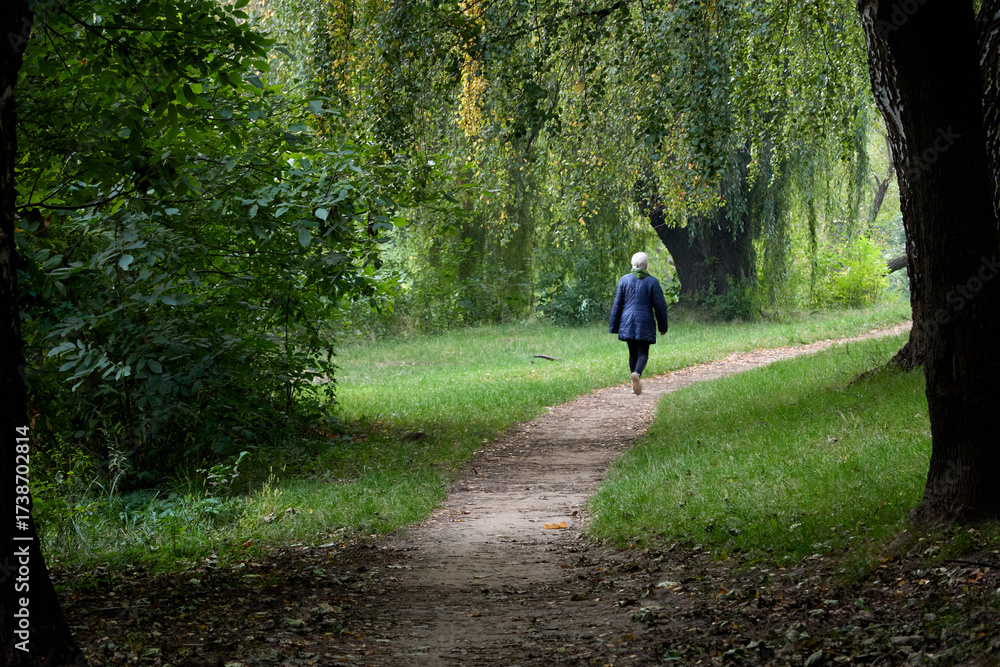 Fototapeta premium Elderly woman gracefully walking along a winding path in a beautiful park, surrounded by lush greenery, creating a peaceful and serene scene, showcasing the joy of outdoor activities.