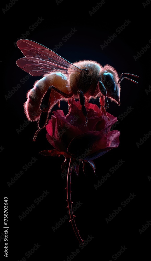 Obraz premium A bee rests on a deep red rose, glowing against a stark black backdrop