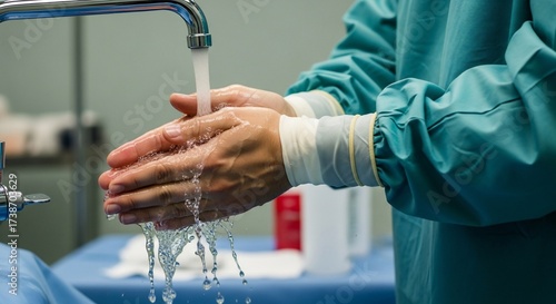Medical professional washing hands under faucet