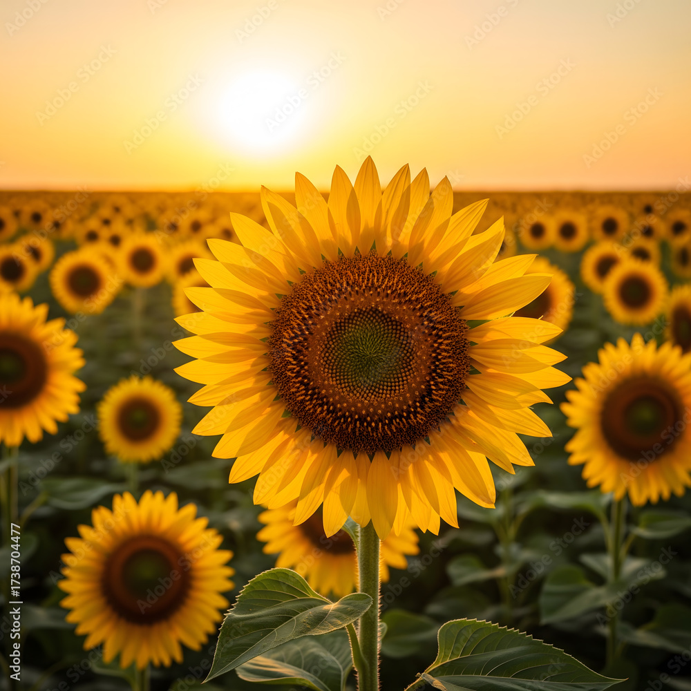 Obraz premium A vast field of sunflowers stretches towards the horizon under a brilliant sunset, with one sunflower prominently featured in the foreground Generative AI.