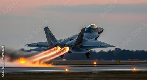 A modern stealth fighter jet is captured at dusk or dawn, taking off from a runway with bright afterburners creating long flame trails Generative AI.