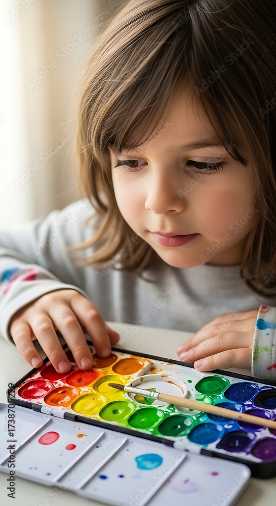 Fototapeta premium Child Concentrating on Watercolor Painting.