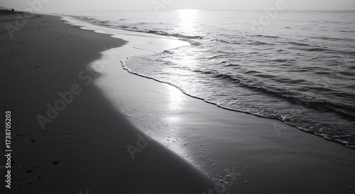 Serene Black and White Beach Scene with Gentle Waves and Sunset Light