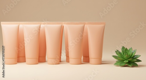 Series of Peach Cosmetic Tubes with Green Succulent Plant on Neutral Background