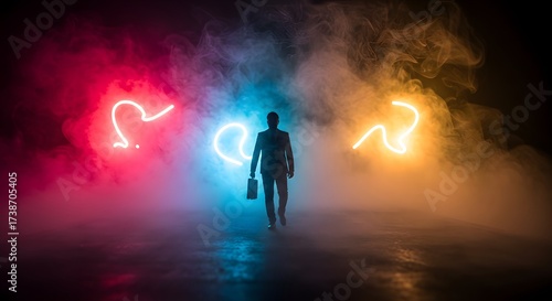 Silhouette of a Businessman Walking Through Colorful Smoke with Neon Light Questions