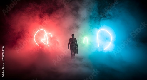 Silhouette of Businessperson Walking Through Colorful Neon Light Smoke with Heart and Letter Shapes in Dark Atmosphere