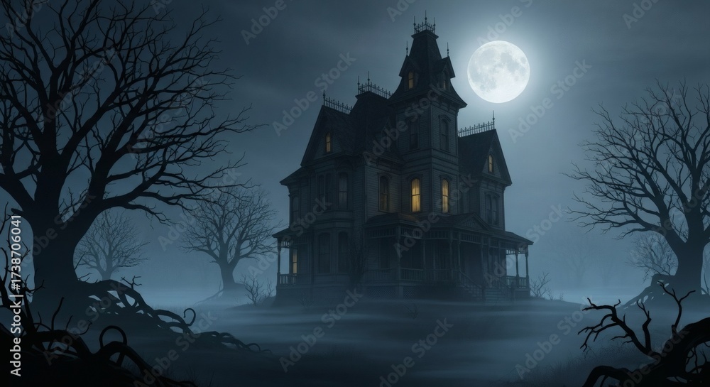Fototapeta premium A spooky haunted house under a full moon surrounded by bare trees and fog in a dark and eerie night scene