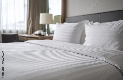 Hotel room with crisp, white bed linens, pillows, and a view from a window