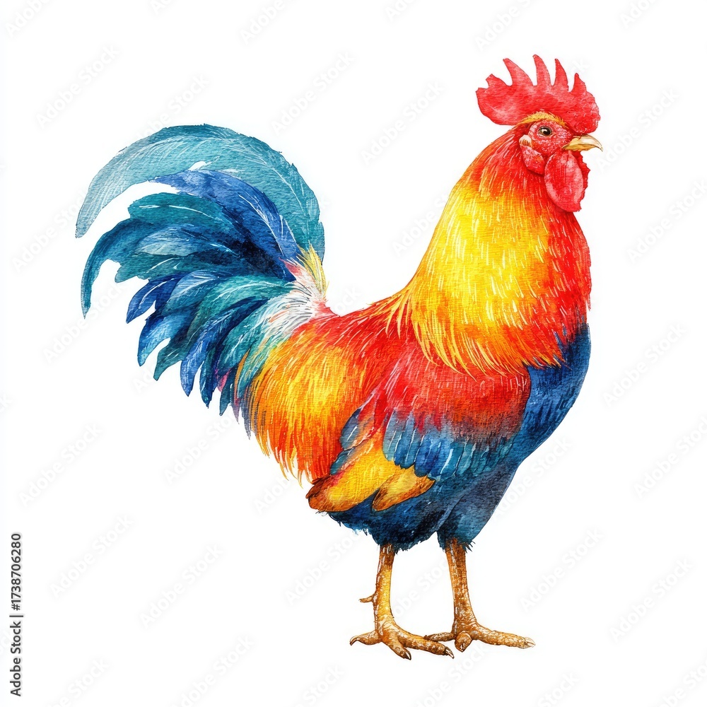 Fototapeta premium Watercolor depiction of a vibrant rooster, showcasing vivid red, yellow, blue and green plumage